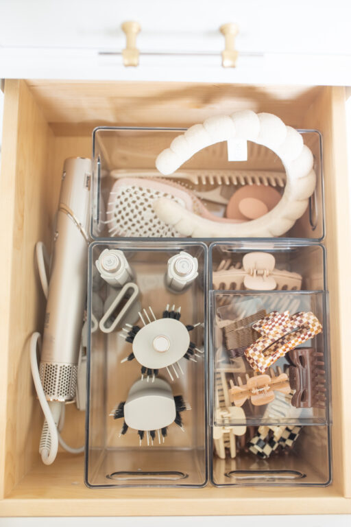 Bathroom organization, haircare organization, the home edit clear bins