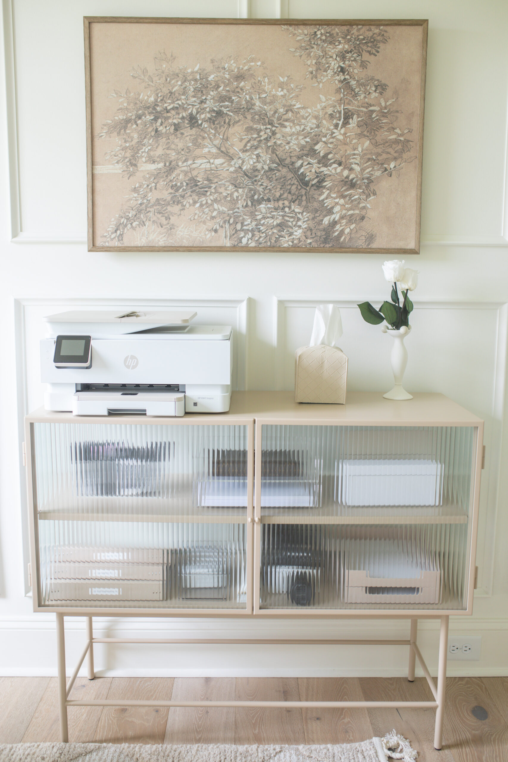 Beige cabinet with reeded glass, reeded glass cabinet, blogger office, Blogger Teresa Caruso's office