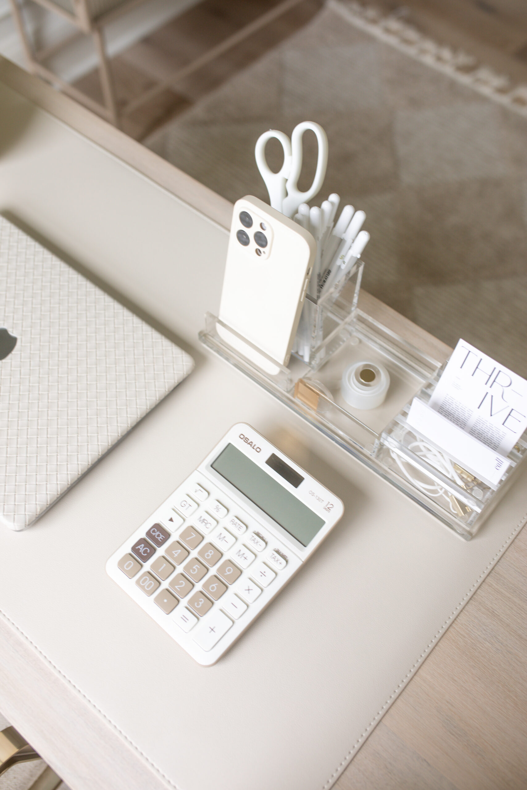 Neutral home office decor, neutral calculator, desk mat, Amazon office accessories