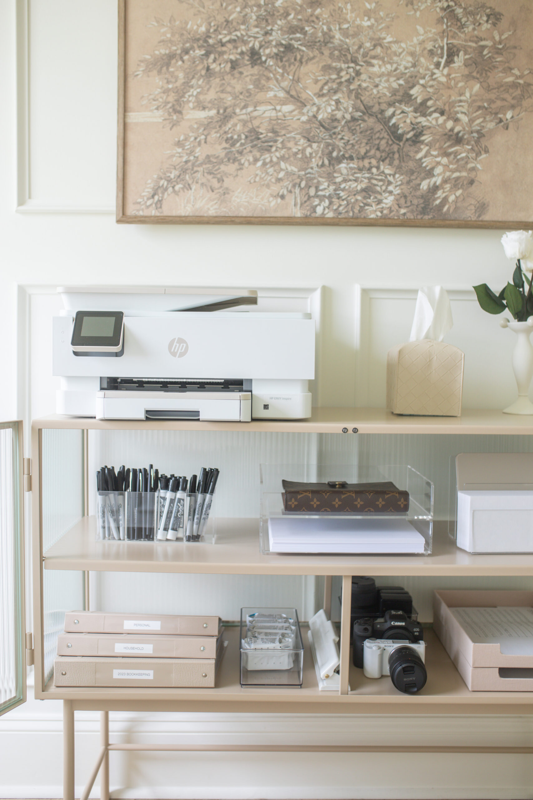 Neutral home office decor, beige office cabinet with office supplies, Blogger Teresa Caruso's office