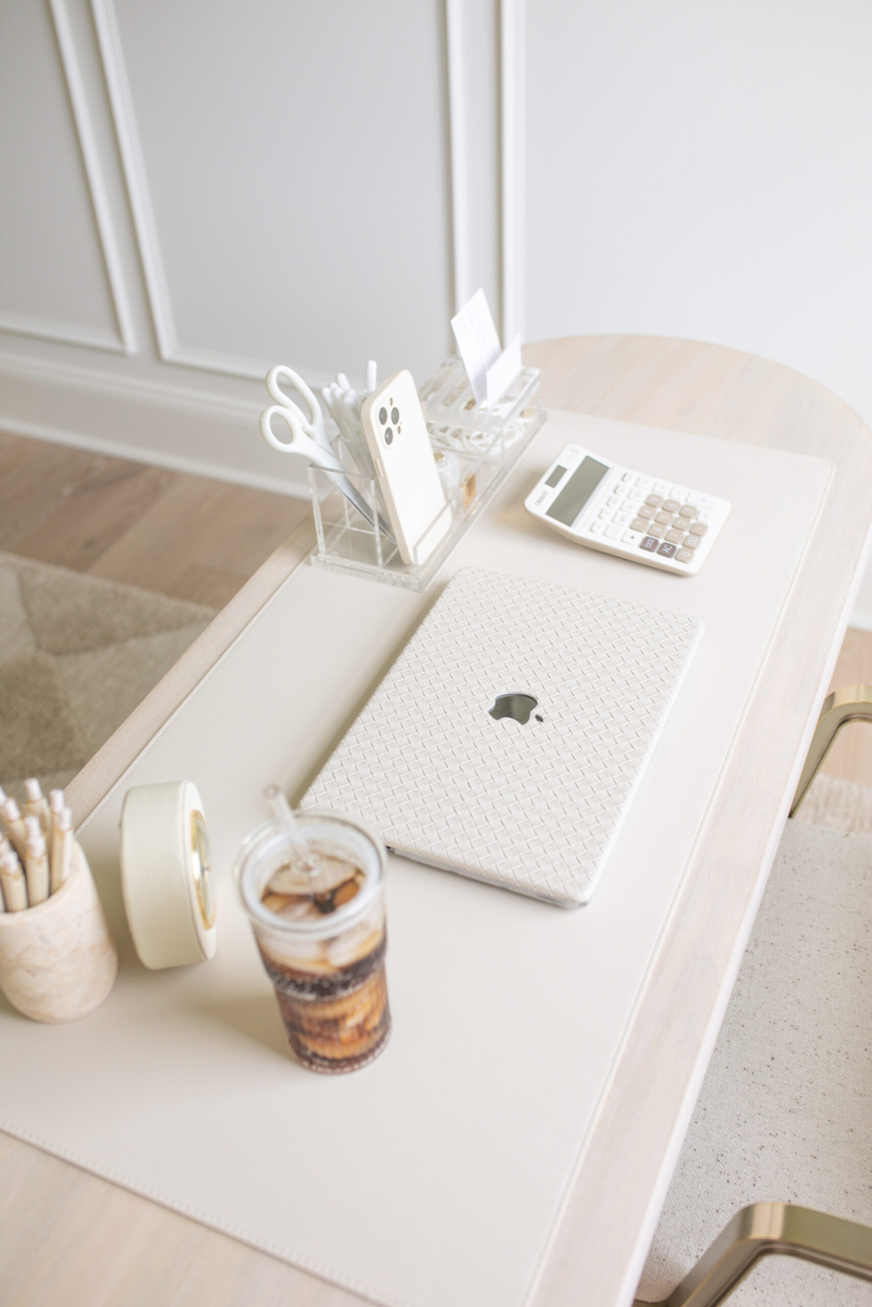 Neutral home office decor, Amazon office finds, desk accessories, acrylic desk accessories, Teresa Caruso office, blogger office